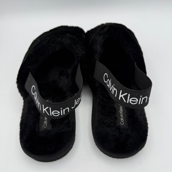 Calvin Klein Slippers‎ Faux Fur Black Slingback Women 8.5 Elastic Strap Home - Picture 2 of 6